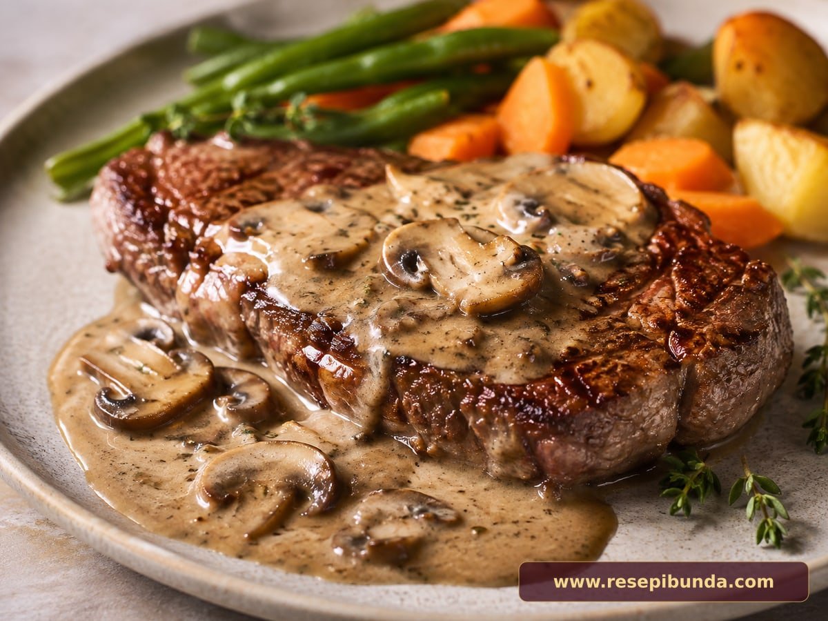 Hidangan Steak Sapi Saus Jamur